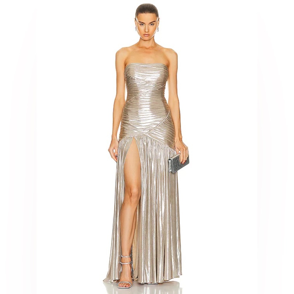 Retrofete Josie Dress in Champagne Metallic Front Slit Strapless Dress Gown XL
